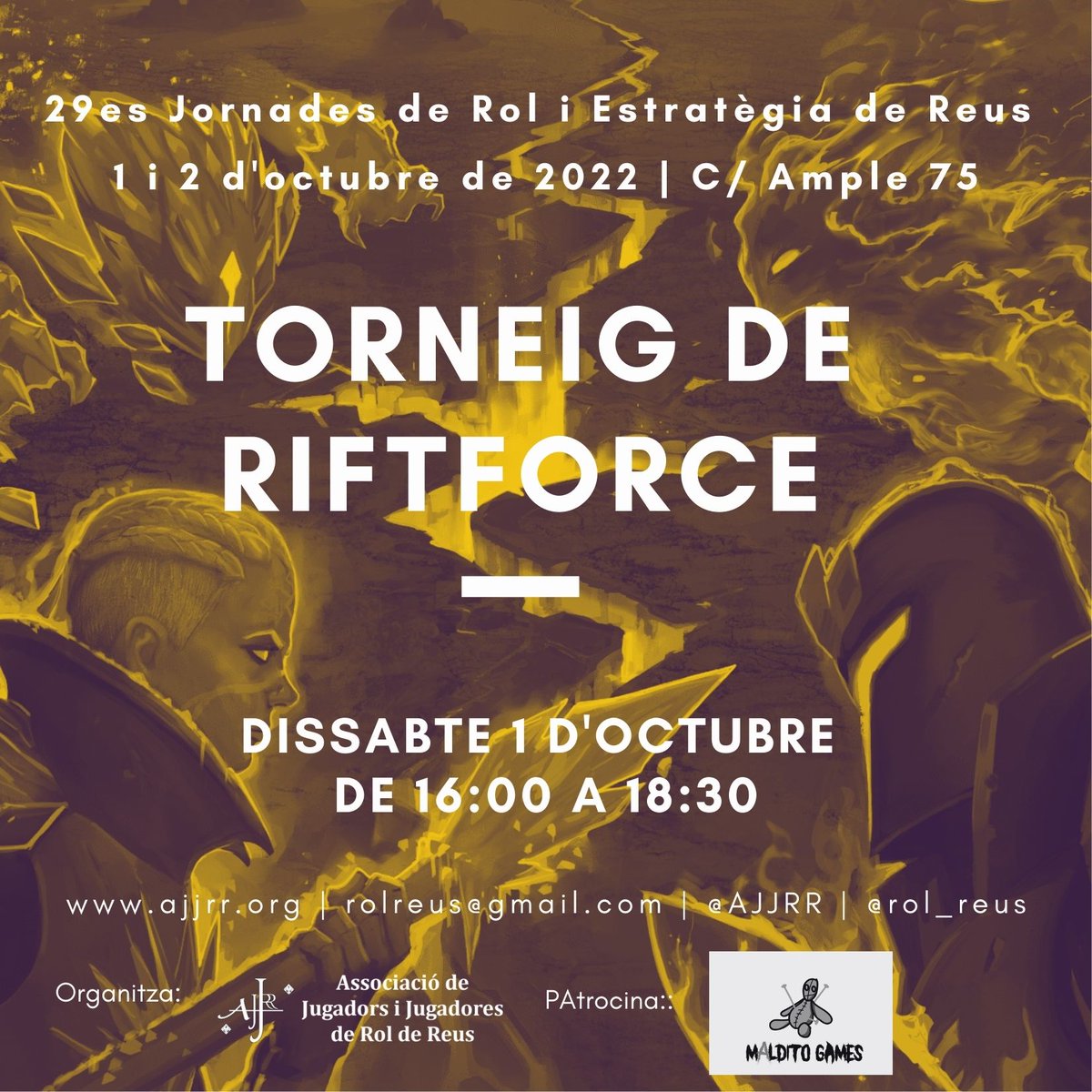 AJJRR's tweet photo. Dissabte 1 d'octubre de 16:00 a 18:30 farem un torneig de Riftforce de @MalditoGamesES  dins de les activitats de les 29es Jornades de Rol i Estratègia de Reus (1-2 d'octubre de 2022), apunteu-vos!
#jornadesrolreus
#riftforce https://t.co/ekJZA4ss49