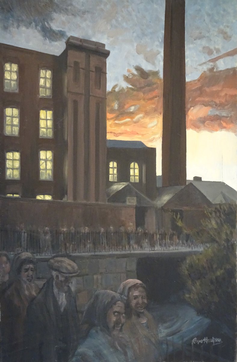 OwdAlbert's tweet photo. Roger Hampson captures an endless row of tired workers. their energy depleted. snaking home from the Mill. A meagre supper is all they have ahead to prepare them for the next morning's shift.  I often romanticise 'The good old days' but truth be told it was bloody hard work. 👍 https://t.co/I11LMH4Kjf