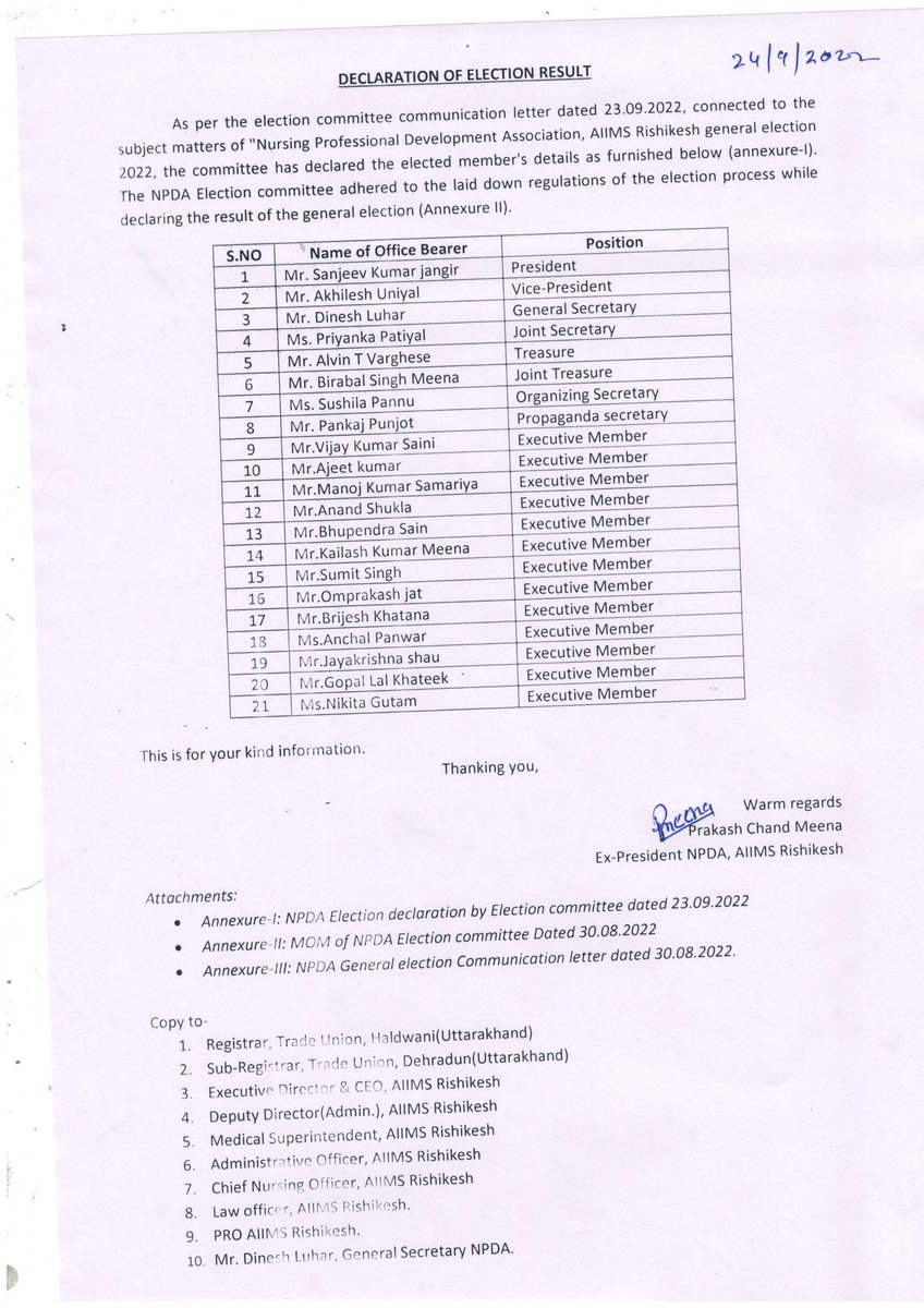 NpdaR's tweet photo. @aiimsrishi @meenusingh4 @AIGNFNURSES @AmarjeetAITUC @harish_kajla @dabkesh 
Many many congratulations to the newly elected NPDA team, you may establish new dimensions of the welfare of nurses. https://t.co/a6iMVuIZ5l
