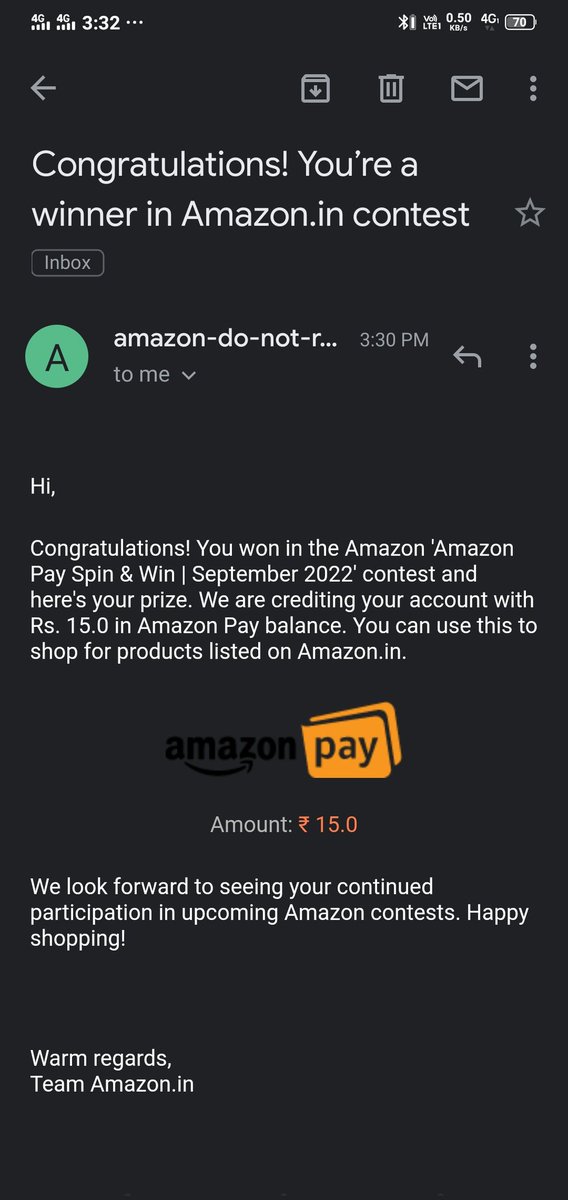 For the first time i have won atleast Rs 15 on #Amazon 😆#IWonOnAmazon #AmazonSpinandWin