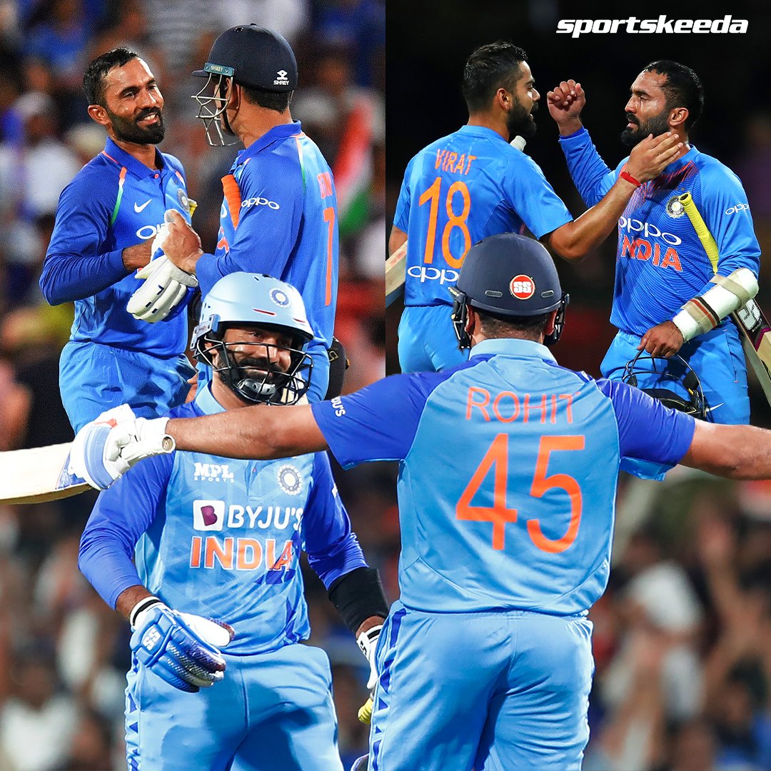 Sportskeeda's tweet photo. Consider it done ✅

Just 'DK' finishing the match for India through the years 💪🏻

#DineshKarthik #RohitSharma #ViratKohli #MSDhoni #India #TeamIndia #Cricket https://t.co/C3betyC5n6
