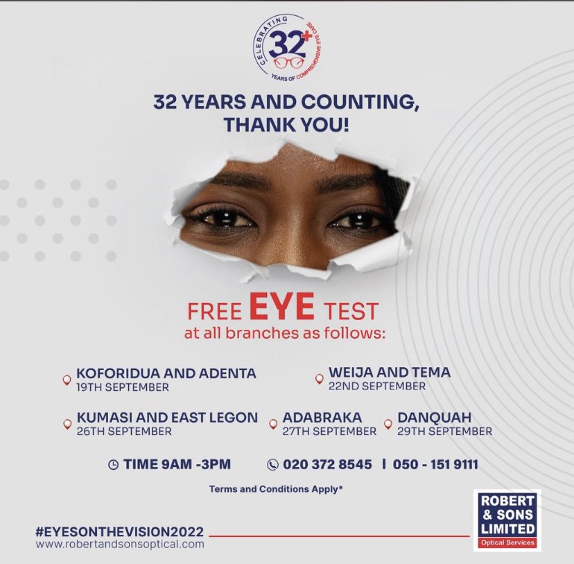 TheKNUSThimself's tweet photo. Celebrating 32 years of service to humanity. We crown this achievement with a Free Eye test at any of our branches on the said dates,pass by and get tested. 
  @Robertnsonsltd, the best is yet to come…

#SeeingisBelieving #RobertnSons 
#Eyecare https://t.co/DT2vGWNVWd
