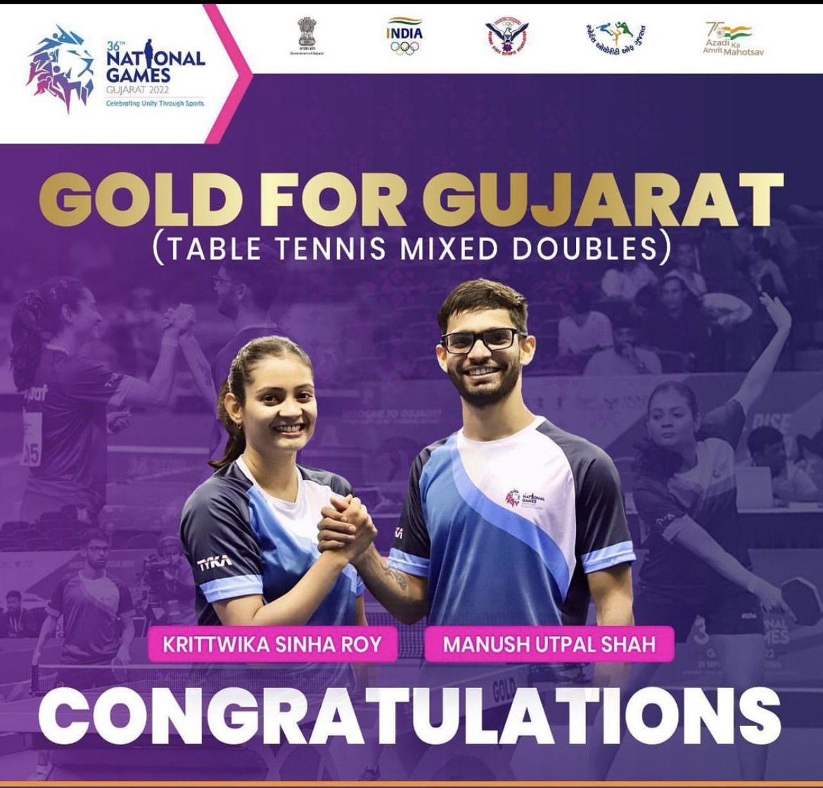 <a href="/Manushshah12/">Manush shah</a> and Krittwika Sinha Roy clinch another 🥇 Gold for Gujarat as they win the Mixed Doubles event in Table Tennis at the @Nat_Games_Guj 
<a href="/vmittra/">VIPUL MITTRA</a> 
#36thNationalGames #NationalGames #NationalGamesGujarat #JudegaIndiaJitegaIndia