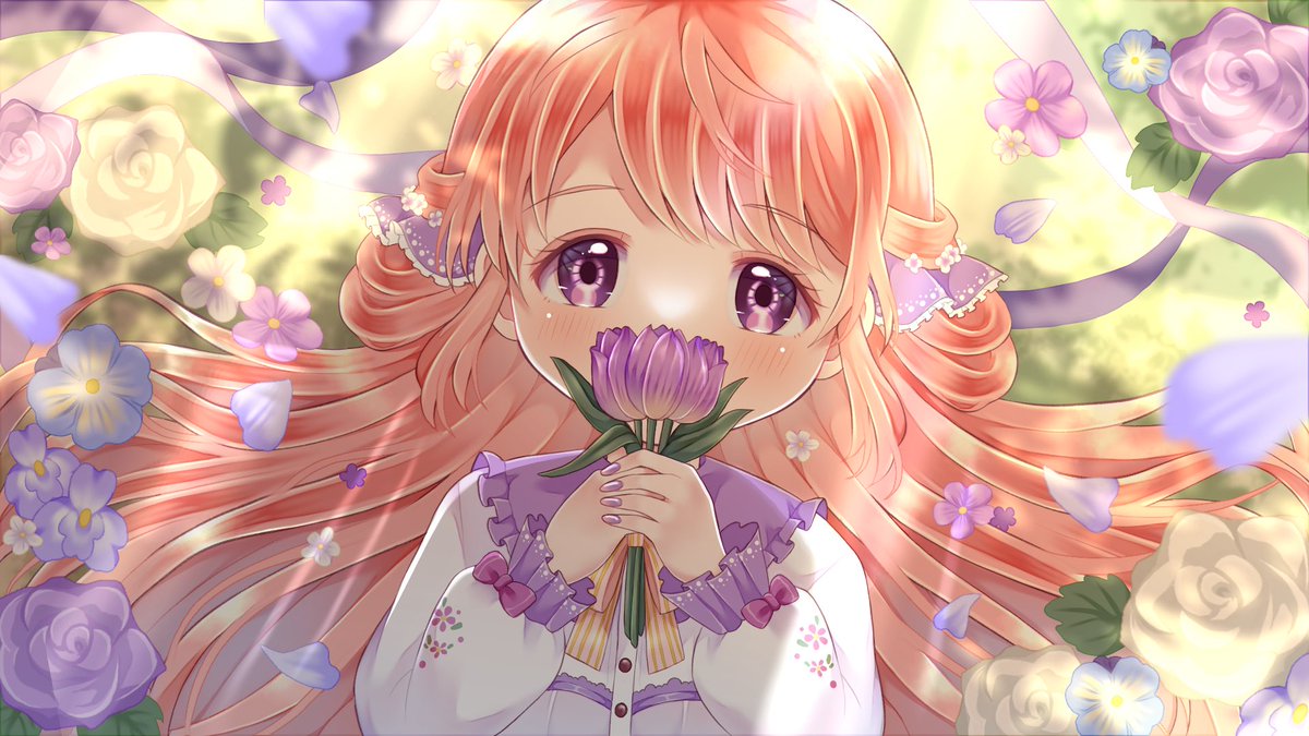 1girl flower solo holding holding flower rose purple eyes  illustration images