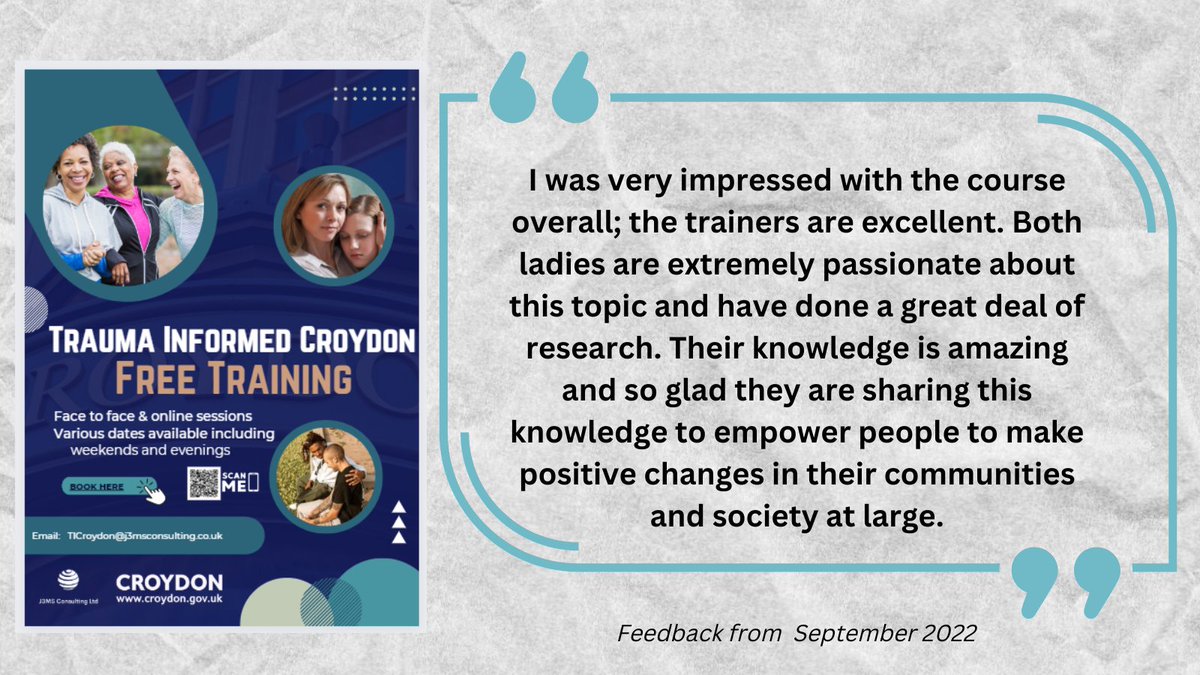 TraumaInformed5's tweet photo. We've had amazing feedback for our FREE #TraumaInformed training, with 100%  who've completed all 3 modules &amp; given feedback saying they'd recommend it. We've released new dates for Oct (limited spaces). If you're 18+ &amp; live or work in #Croydon book here https://t.co/KiczyVGKVa https://t.co/TPQxCenPbF
