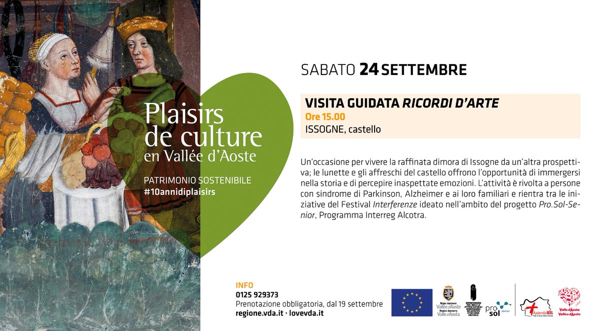 CultureVdA's tweet photo. #24settembre #Oggi alle 15 Ricordi d'Arte al #castello di #Issogne.
Visite dedicate a persone con Parkinson, Alzheimer e loro famigliari.
#PlaisirsdeCulture #Interferenze
@JEP_EHD @MiC_Italia @MinisteroSalute @ustampavda @aostasera @icom_italia https://t.co/EbSTyMU99K