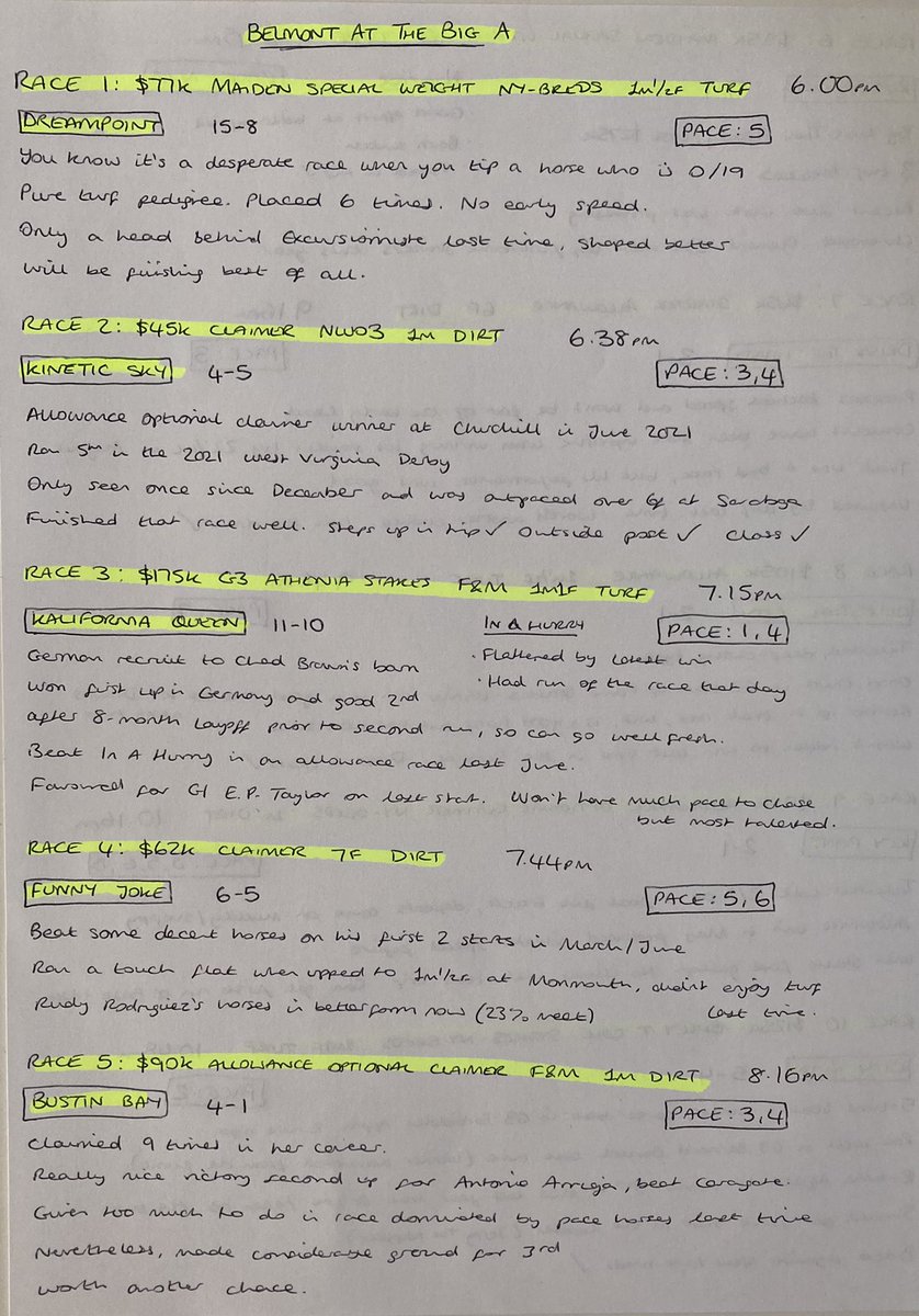 Tomptin's tweet photo. US racing notes for tonight’s Stateside shift on @SkySportsRacing. I’ve decided to be generous and post all of Belmont At The Big A and Pimlico, so feast away! We’ll also cover Woodbine (couple I really like there), Gulfstream and Los Al on the show. 

Likes &amp; RTs appreciated! 🐎 https://t.co/qUWap2CHTq