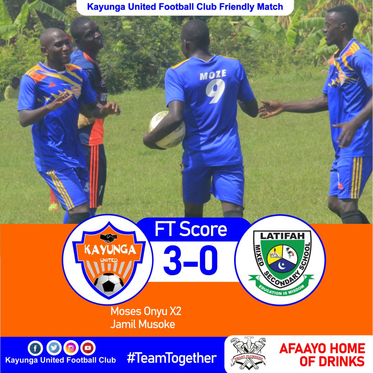 Bugerere United/ Uganda Sports Arena FC (@kayungaunited) on Twitter photo Welcome back our fans from #NtenjeruSsazaGrounds as we claimed our 1st victory in the 1st Pre-season friendly match over #LatifahMixedSSFC
FT` <a href="/KayungaUnited/">Bugerere United/ Uganda Sports Arena FC</a> 3-0 Latifah Mixed SS FC
Scorers: #MosesOnyu X2 and #JamilMusoke
<a href="/VBugerere/">Voice of Bugerere</a> <a href="/ClubKayunga/">KayungaCommunityClub</a> <a href="/MbugaSwaibu9/">Mbuga Swaibu</a> <a href="/OfficialFUFA/">FUFA</a> Welcome back our fans from #NtenjeruSsazaGrounds as we claimed our 1st victory in the 1st Pre-season friendly match over #LatifahMixedSSFC
FT` <a href="/KayungaUnited/">Bugerere United/ Uganda Sports Arena FC</a> 3-0 Latifah Mixed SS FC
Scorers: #MosesOnyu X2 and #JamilMusoke
<a href="/VBugerere/">Voice of Bugerere</a> <a href="/ClubKayunga/">KayungaCommunityClub</a> <a href="/MbugaSwaibu9/">Mbuga Swaibu</a> <a href="/OfficialFUFA/">FUFA</a>