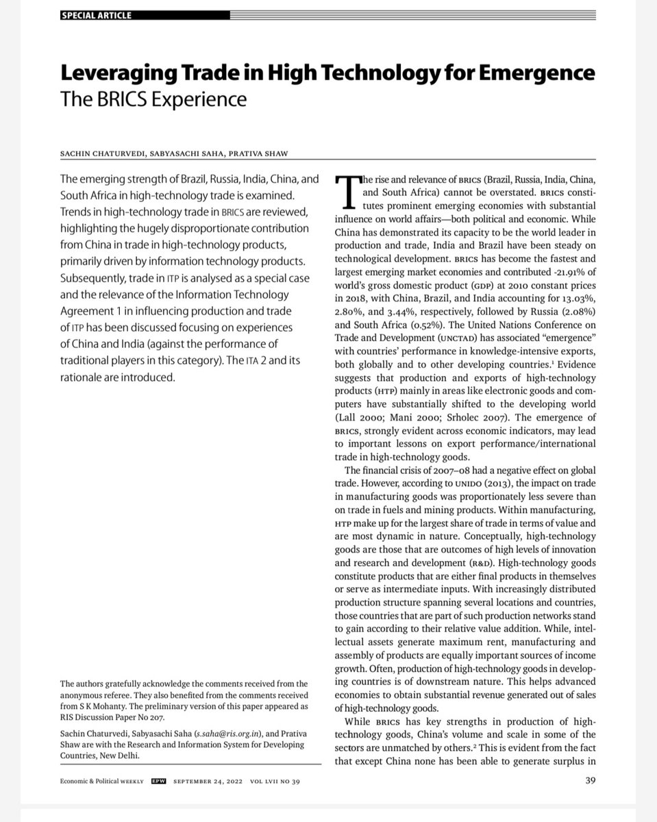 #NewPaper Deep-dive number crunching in trade to understand what keeps #China ahead & how others fare in BRICS in sectoral competitiveness in high-technology prod. The implications of Info Tech Agreement #ITA. Lessons for new #industrialpolicies @Sachin_Chat

#AtmanirbharBharat