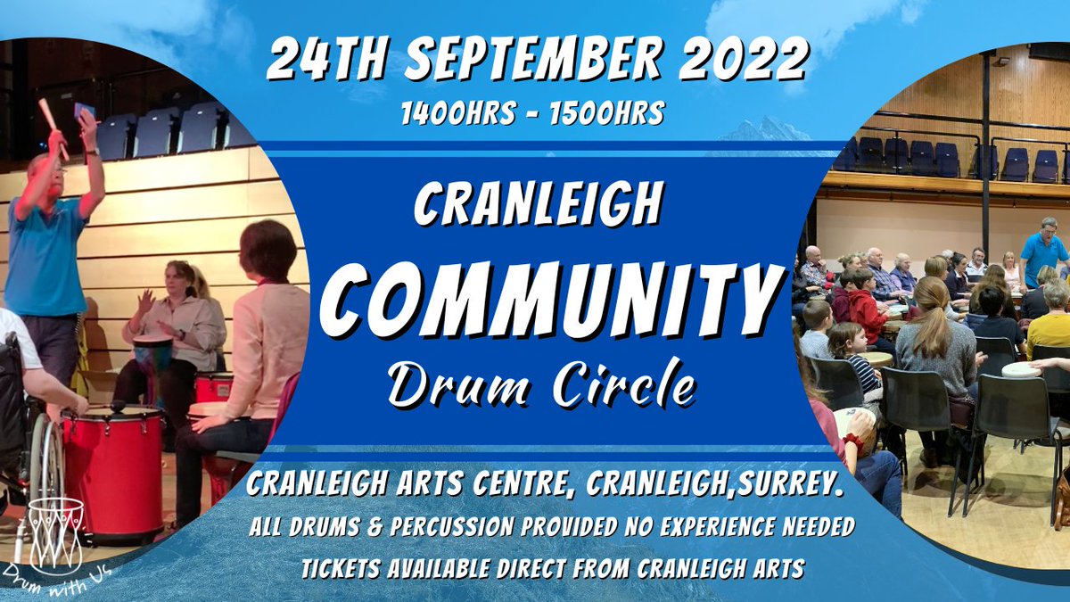 raydrumwithus's tweet photo. It's today people. Cranleigh Community Drum Circle starts at 2.00pm. No experience, come and make some noise and build community. Cranleigh Arts Centre.
#drumming #community #cranleigh #drumcircle https://t.co/xCSoP55Lsw