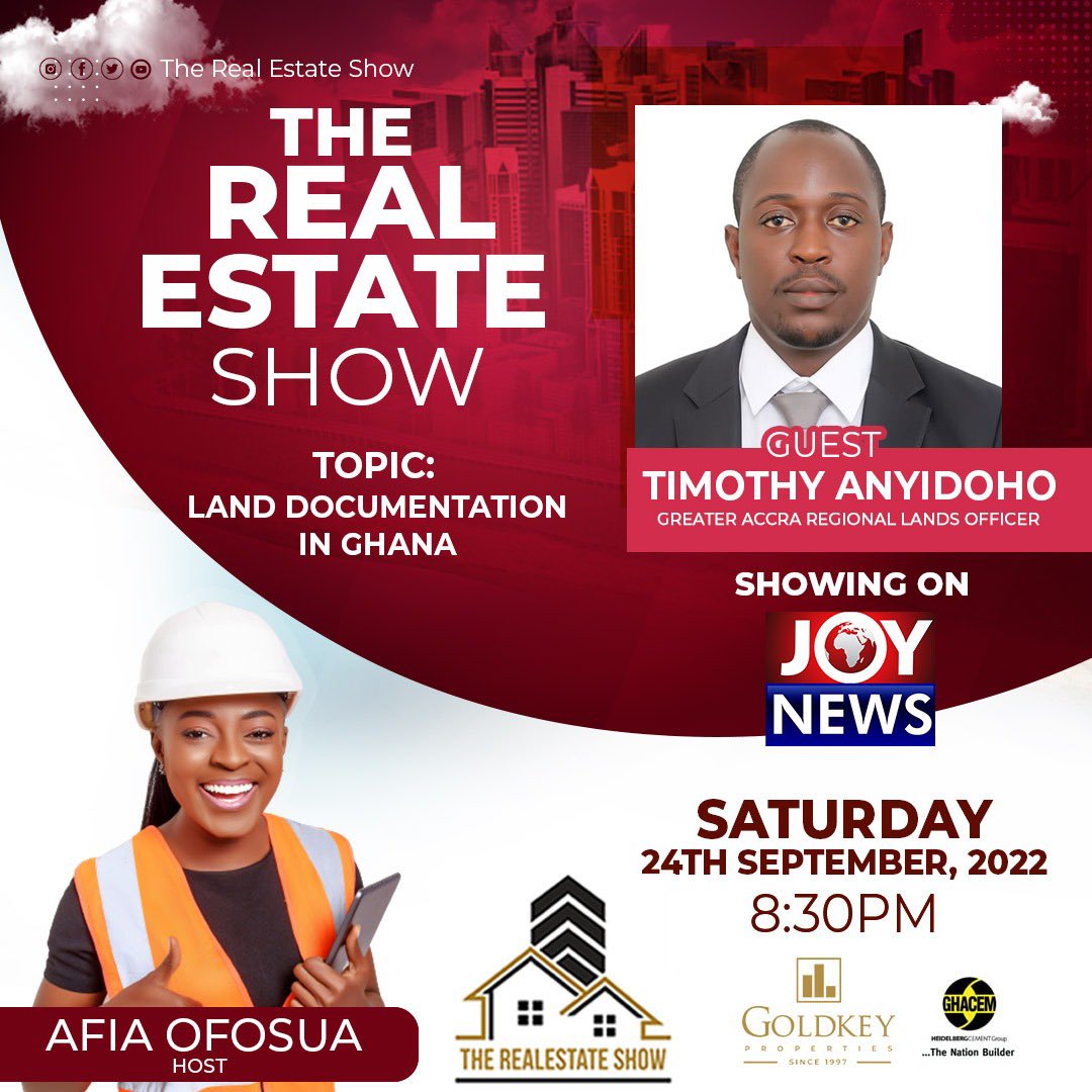 RealEstateShow2's tweet photo. In today’s episode of  The Real Estate Show, we discuss LAND OWNERSHIP and how to safely buy Land in Ghana….Please do make a date…8:30pm on #JoyNews
#TheRealEstateShow
#land
#realestate
#Ghana https://t.co/I17C6UC67Z