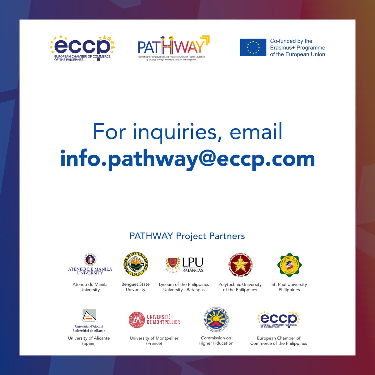 pathway2employ's tweet photo. 3 WEEKS 'TIL THE PATHWAY NATIONAL EVENT!
We are pleased to share with you the confirmed panelists from the Philippines and in Europe who will share points of view on pathways to improving higher education graduates' employability and entrepreneurial skills.
#pathway2employability https://t.co/sjUSLBhu5N