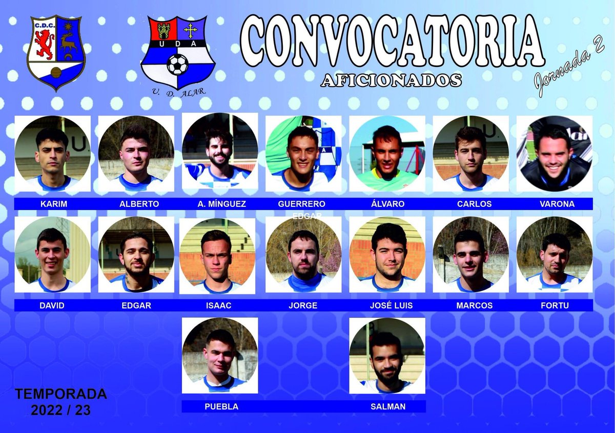 UDA1919's tweet photo. 🏃🏽⚽️Convocatoria de nuestro equipo AFICIONADO que hoy sábado 24 de septiembre de 2022 jugará su partido de la 2ª Jornada de la Liga.

📍17:00h en el C.M. “La Bárcena” de Cervera de Pisuerga.
C.D. Cervera - U.D. Alar

#udalar ⚽️💙🤍 https://t.co/ywQ4q7JbN8