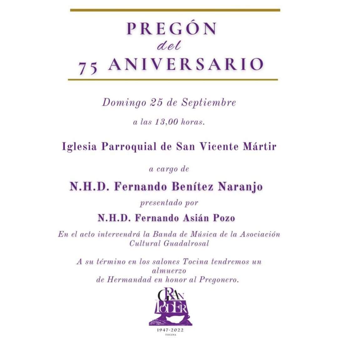 Mañana acompañaremos musicalmente en el Pregón Extraordinario que realizará la Hermandad de Gran Poder de Tocina por su 75 Aniversario.

📅 Domingo 25 de septiembre de 2022
🕐 13:00h
⛪️ Iglesia San Vicente Mártir (Tocina)
🎺 Previamente se realizará un pasacalles (12:00h).