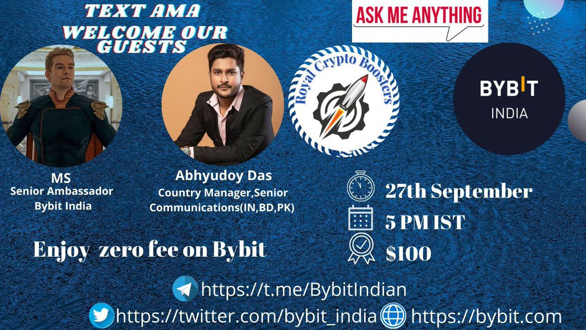 Royalpro01's tweet photo. We're thrilled to announce our next AMA with big exchange @Bybit_Official 
27 September at 5:00 PM IST
💰Reward Pool:100$
📍Venue:https://t.co/2iGd9YG3Tz…
〽️ Rules:
✅ Follow @royal_boosters&amp; @Bybit_Official
✅Like &amp; Retweet
✅Comment Questions &amp; Tag 3 Friends with BEP20 address https://t.co/Miw4hHKbXD