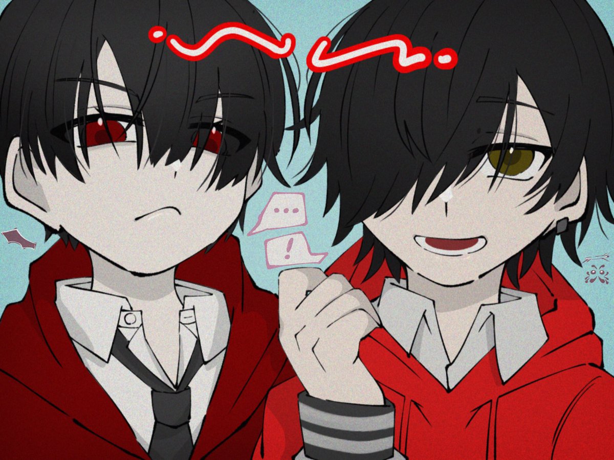 2boys hood black hair multiple boys red eyes necktie red hoodie  illustration images