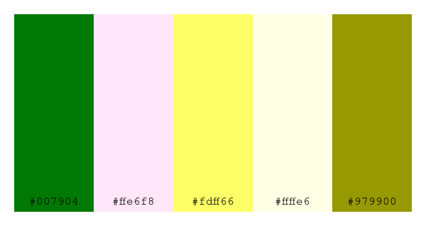 ColPaletteBot's tweet photo. Beep beep, here's a pretty color palette for you!
color-scheme.js parameters used:
- hue: 331
- variation: hard
- colors: #007904, #ffe6f8, #fdff66, #ffffe6, #979900
Have a lovely day!
#twitterbot #colorpalette #colors #palette #prettycolors https://t.co/xnkq49vh7Z