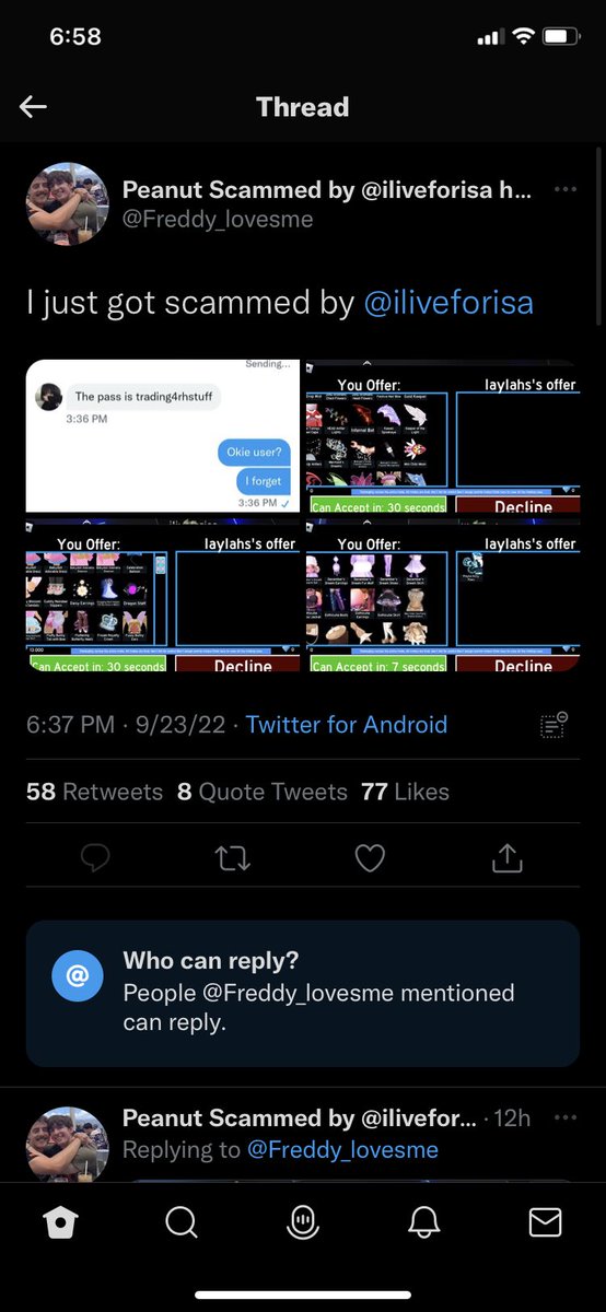 UrWiv3's tweet photo. literally making no sense and even has HUGE scam reports thanks to @K1mberlyn_ telling me do NOT trust this scammer scroll for more pictures @iliveforisa #scammer #scam #scamming #adoptme #royehigh https://t.co/DesZLT5ZE0
