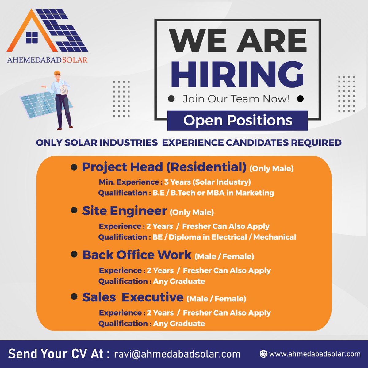 ahmedabad_solar's tweet image. 𝐖𝐞 𝐚𝐫𝐞 𝐇𝐢𝐫𝐢𝐧𝐠 𝐟𝐨𝐫 𝐭𝐡𝐞 𝐏𝐨𝐬𝐢𝐭𝐢𝐨𝐧:

1. Project Head  (Only Male)
2. Site Engineer (Only Male)
3. Back Office Work (Male/female)
4. Sales Executive (Male/female)

📱+919512365653

#ProjectHead #SiteEngineer #BackOfficeWork #SalesExecutive #SolarIndustry
