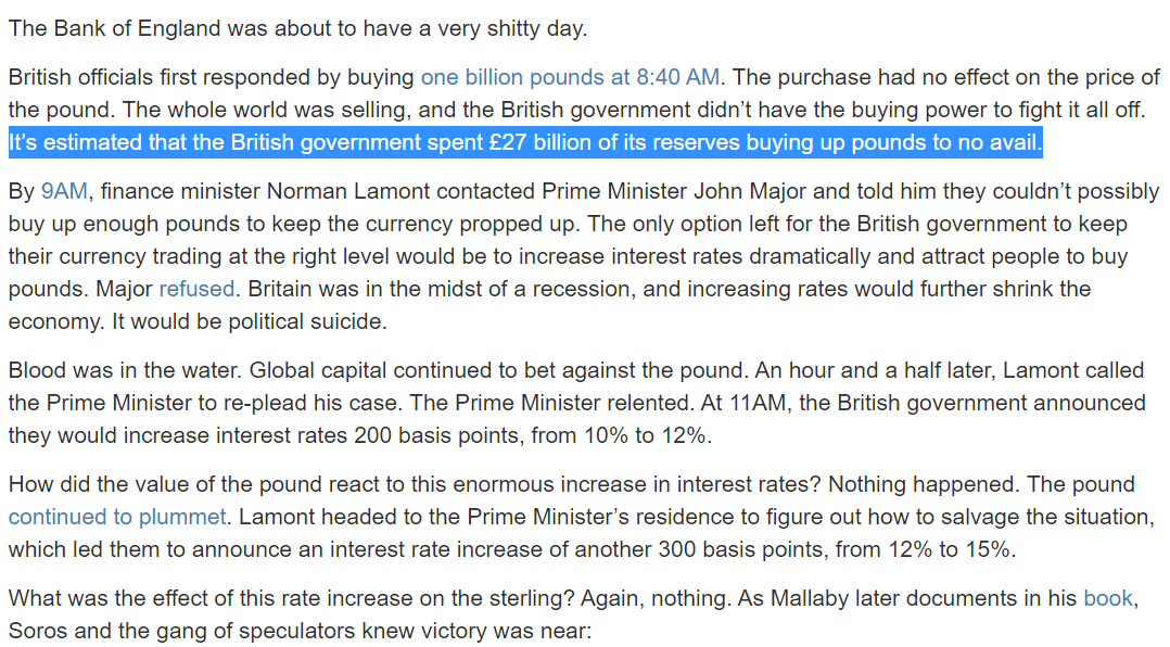 jnordvig's tweet photo. Back in 1992, the Bank of England quickly lost currency reserves, as it was trying to buy GBP in an attempt to stabilize the exchange rate (and keep it within the ERM band)

screen-shot via https://t.co/1peByssux2 https://t.co/vW6DOfZHQu