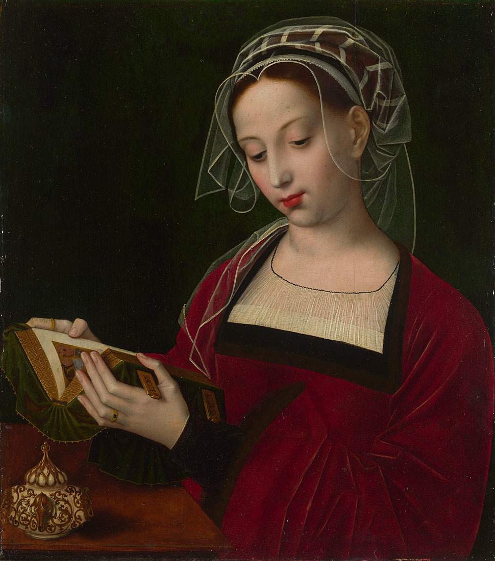NationalGallery's tweet photo. In this portrait by Ambrosius Benson, a woman covered by an elaborate semi-transparent veil, holds a luxurious illuminated book ✨

The pot identifies her as Mary Magdalene: it holds the ointment with which the saint anointed Christ’s feet. https://t.co/bzDpLLEAJJ https://t.co/J68EALYWom