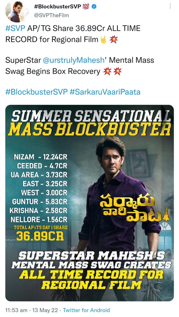From official handle @SVPTheFilm regarding #SVP Day 1,

9.02 am - 36.63 crs 
11.53 am - 36.89 crs 

2 hrs lo 20k penchesadu 🤢💦
#SVPFakeCollections