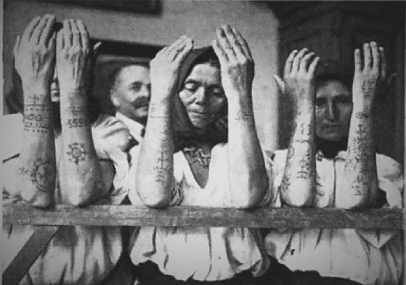 Croatian women display their traditional tattoos. These pagan patterns were worn by Balkan Slavs to avoid forced conversion to Islam during the Ottoman invasion.

Muslims did not want to marry women with pagan designs on their bodies & there was no point in converting such people