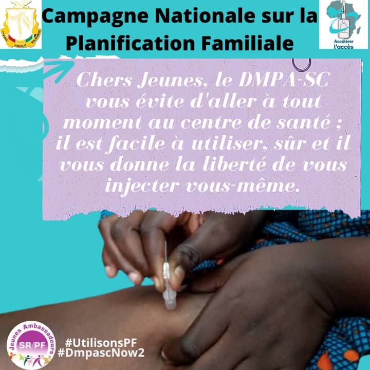 Chers jeunes, le DMPA-SC vous évite d’aller à tout moment au centre de santé; il est facile à utiliser, sûr et il vous donne la liberté de vous injecter vous-même.
#UtilisonsPF
#DmpascNow2