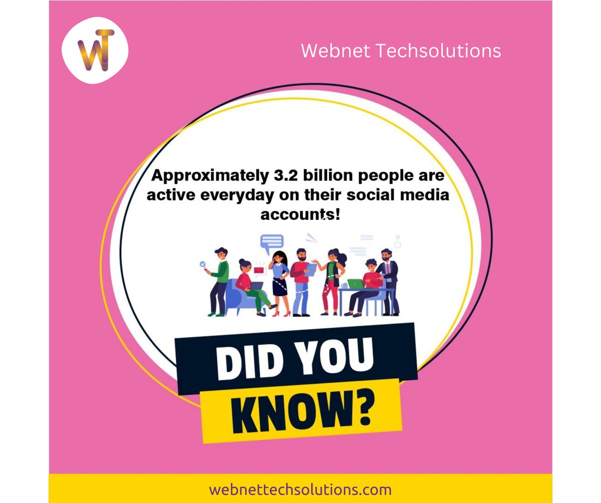 Webnet2022's tweet image. Did you know??
Approximately 3.2 billion people are active everyday on their social media accounts!

#dailyfacts #digitalmarketing #socialmedia
Contact us@
webnettechsolutions.com/socialmediamar…