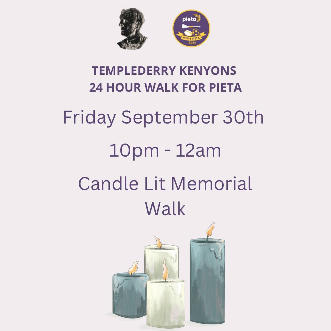 tdkenyonsgaa's tweet photo. With our 24 hour walk kicking off in less than a week, it’s time to share some more specific details.
On Friday night from 10pm to 12am we will be having a candle lit remembrance walk.
Please donate through the link in our bio.
#run4pieta #pietahouse https://t.co/t6vkWk5Rtc
