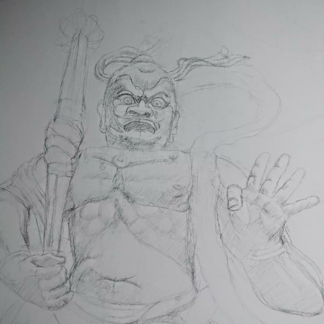 RAMWT888's tweet photo. 久し振りに大きめサイズ(80号)描き始めてます。画面の左側に阿形像を下書き中～😊
#阿形像 #下書き #仁王像 https://t.co/veISN8X6iw