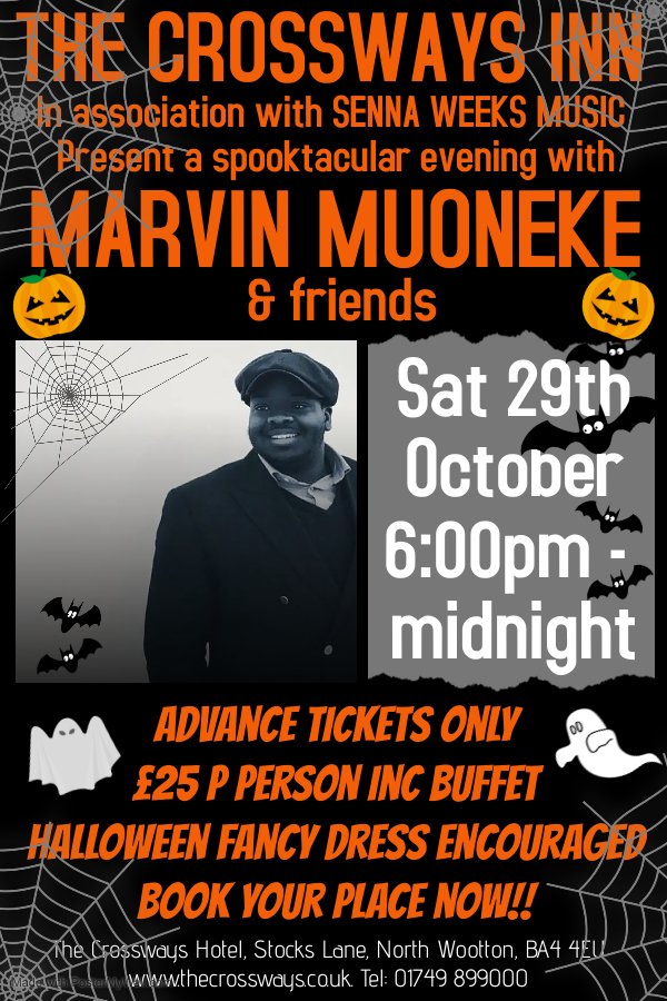 thecrossways's tweet photo. Join us on Saturday 29th October at 6pm for an evening with Marvin Muoneke and friends. Dress up in Halloween Fancy Dress (optional) and have a Spootacular Evening! See https://t.co/QGECexY2q3 https://t.co/frbDLS8aU6