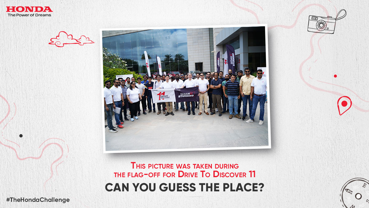 HondaCarIndia's tweet photo. Q1. This picture was taken at the beginning of #DriveToDiscover11, at the first venue. Can you guess the place that is often known as the Silicon Valley of India?​
Answer all questions of #TheHondaChallenge and stand a chance to win exciting prizes. https://t.co/eibrwmTlIJ