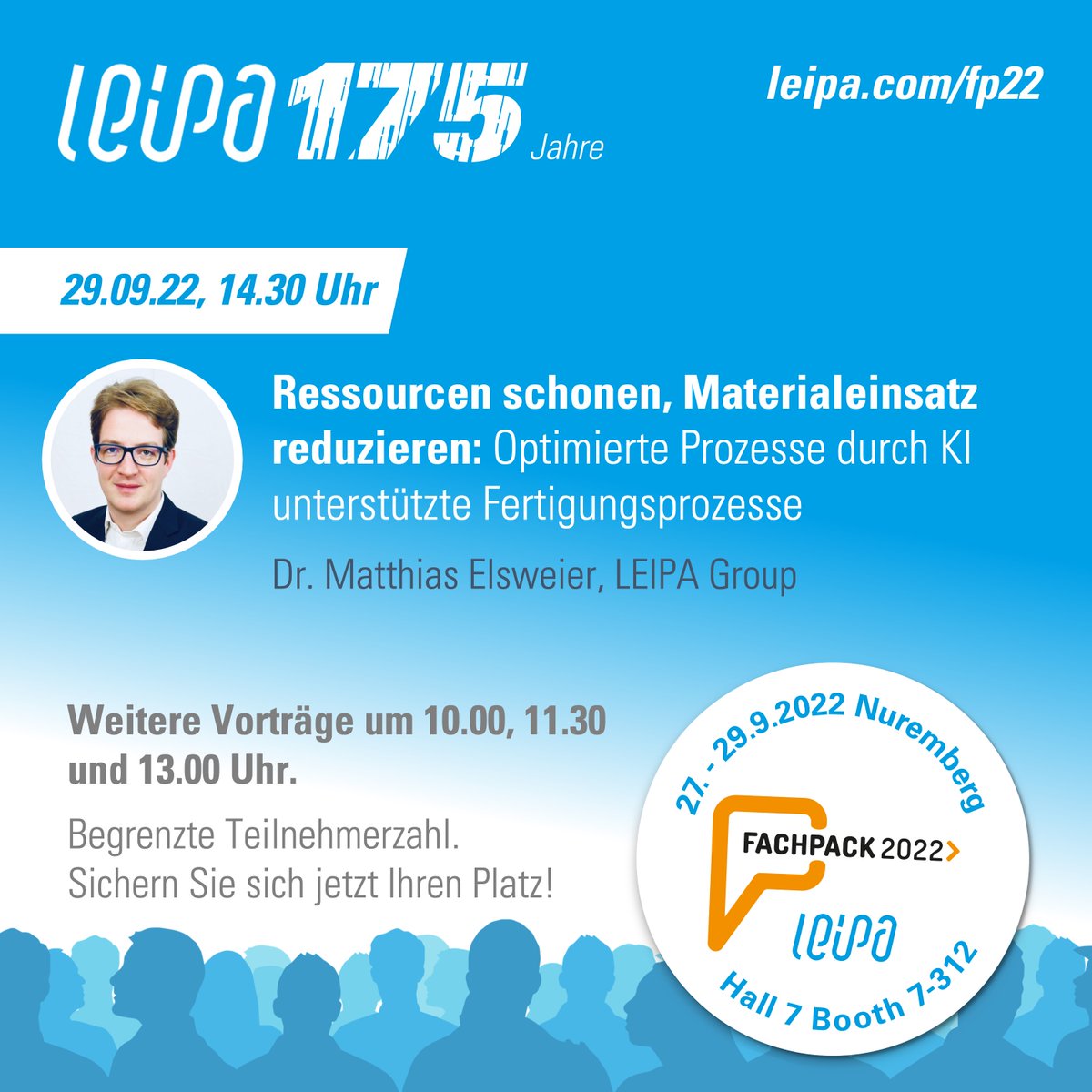 Das #LEIPA Vortragsprogramm zur #FACHPACK:
Am 29.09. (14.30 Uhr) spricht Dr. Matthias Elsweier, LEIPA Group, über „Ressourcen schonen, Materialeinsatz reduzieren: Optimierte Prozesse durch KI unterstützte Fertigungsprozesse“.

Alle Infos unter leipa.com/fachpack.
