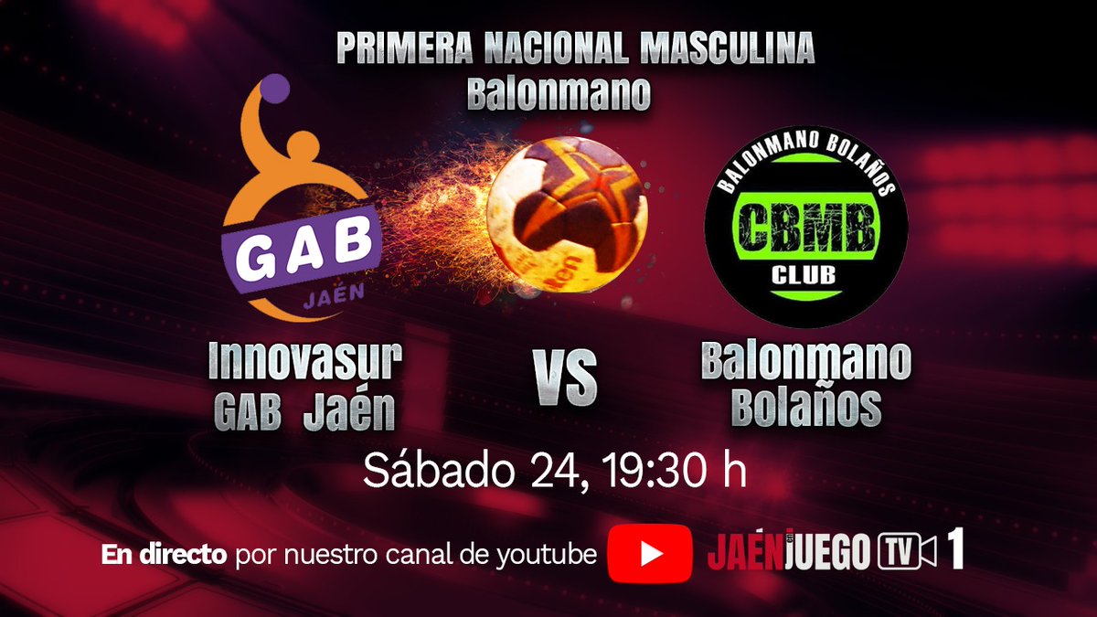 📺RECUERDA ‼️

🤾‍♂️Hoy hay balonmano en JaenEnJuego . CANAL 1 de Youtube. 

Desde las 19:25 horas, en #directo, el debut del <a href="/GABalonmanoJaen/">GAB Jaén</a> en 1ª Nacional: Innovasur GAB Jaén - <a href="/CBMB_Official/">Club BM Bolaños</a> . Lo podrás ver aquí ⬇️

Enlace: youtu.be/2OKmguG-1vY