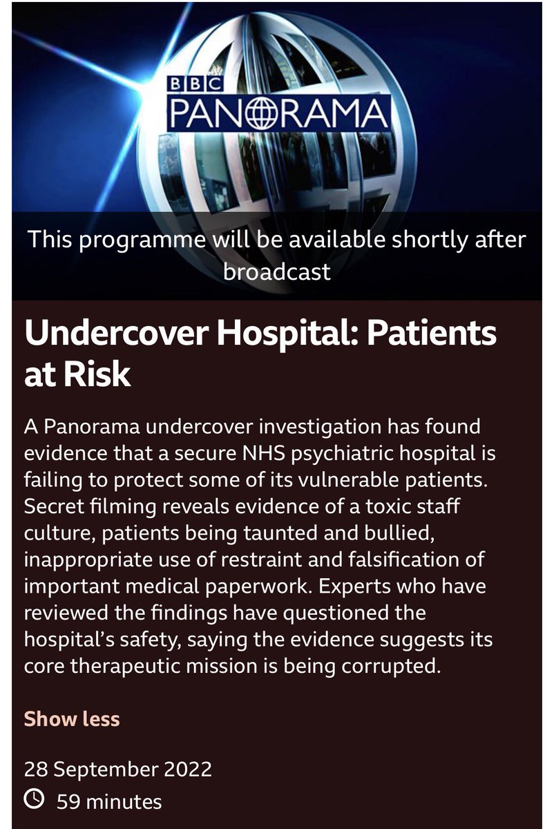 Here’s the @BBCPanorama we have been reading about. #Edenfield #Prestwich @GMMH_NHS
Staff already suspended 
Another #WinterbourneView or #Priory #Ticehurst?
This Weds 8pm

@RightfulLives