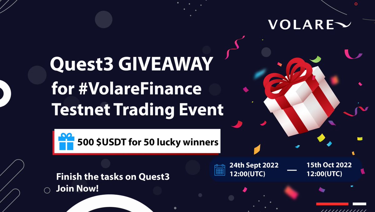 A special #giveaway for #VolareFinance Testnet Trading Event is coming!
 
💰500 $USDT for 50 lucky winners
⏰Time: 12:00 Sept 24th - 12:00 Oct 15th UTC
 
To enter👇 
Follow &amp; RT &amp; Join Discord
Complete the quests in the link below🔥 
app.quest3.xyz/quest/68760029…