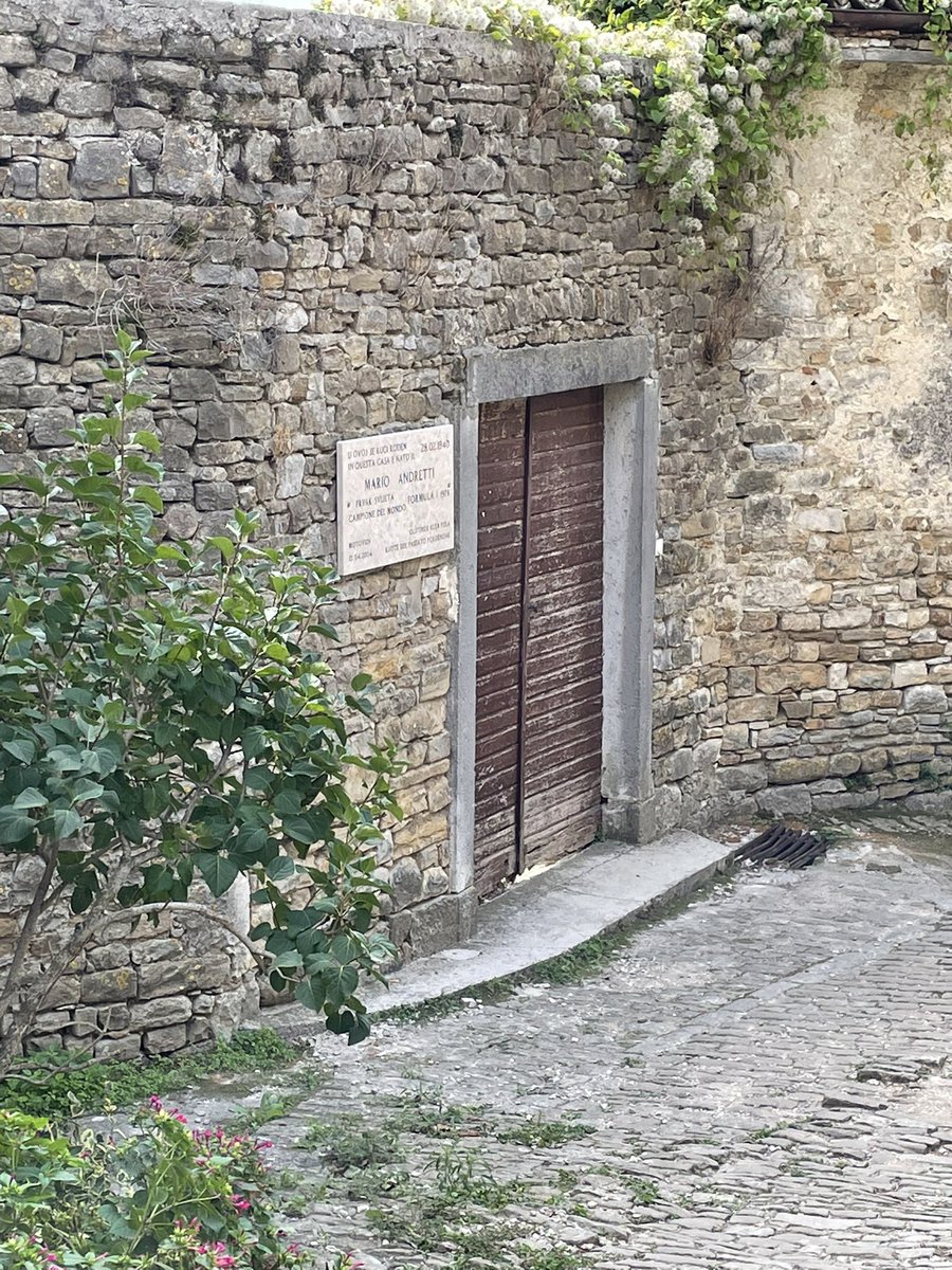 Matthews0313's tweet photo. Just by chance we happened to walk by Mario Andretti’s birthplace and childhood home today in Motovun, Croatia. #IndyCar #Formula1 @MarcoAndretti @michaelandretti https://t.co/ADRjnpXrZo