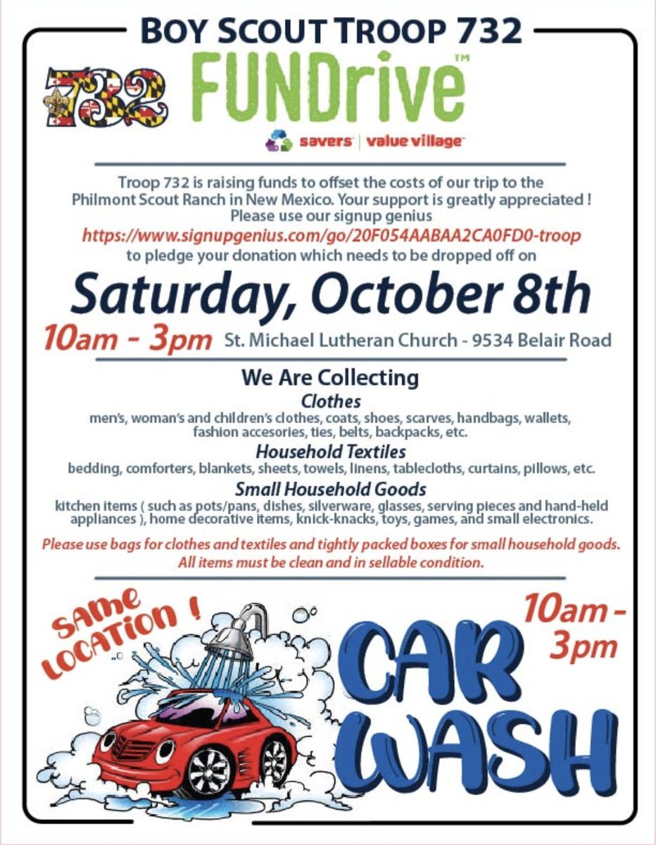 Hi local friends! If you'd like to help Troop 732 get to the Philmont Scout Ranch in NM this summer, please consider donating some used clothes and home goods to our savers drive on Saturday October 8th from 10am-3pm. Free car wash too! Thanks in advance!