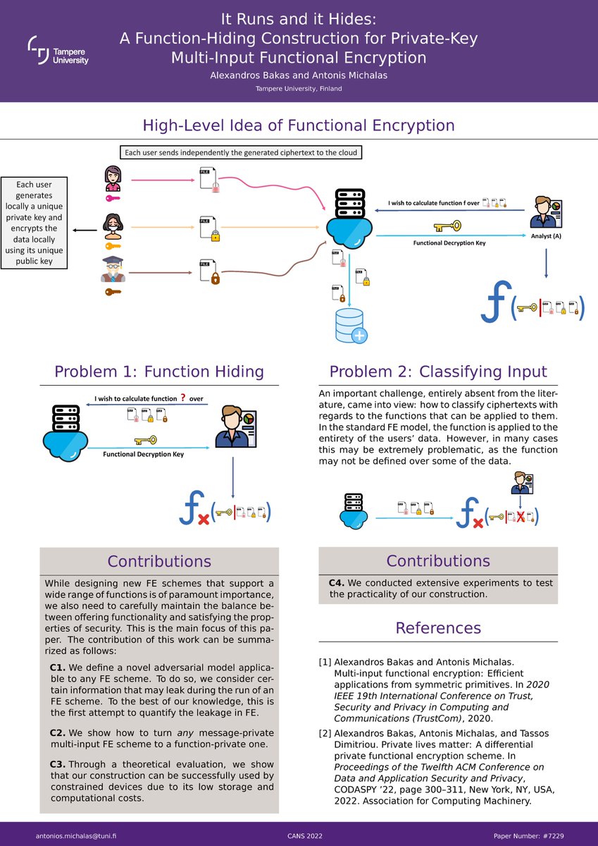 NISEC_TAU's tweet photo. Congratulations to our researcher @AlexBakas for having his paper on Function Hiding accepted as a poster at the 21st International Conference on Cryptology and Network Security (#CANS 2022). #MultiInput #FunctionalEncryption https://t.co/3m6Fl396Bd