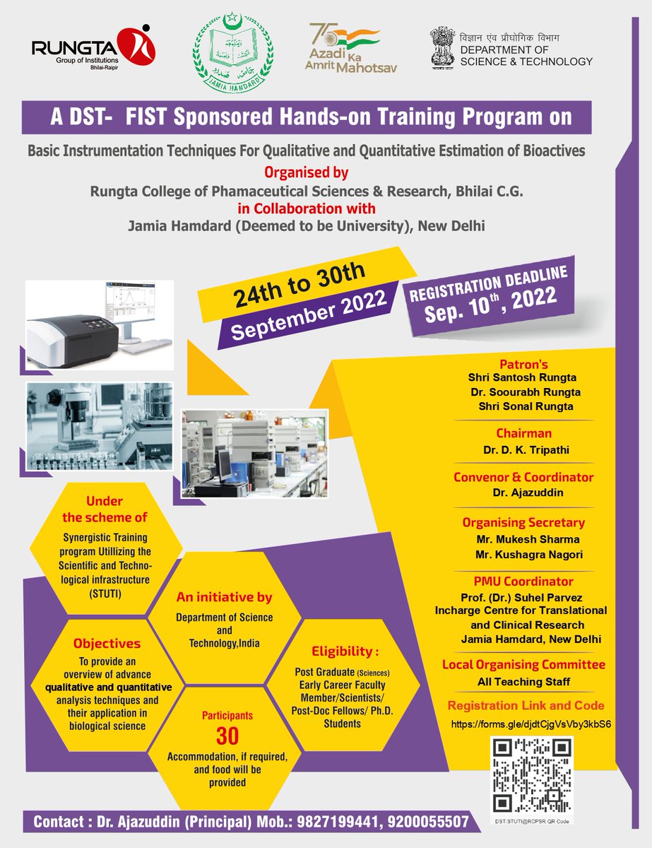 dststuti's tweet photo. Rungta College of Pharmaceutical Sciences &amp; Research, Bhilai is conducting DST STUTI Hands On Training Program  from 24th - 30th September 2022 on Basic Instrumentation Techniques for Qualitative and Quantitative Estimation of Bioactives
For info pls visit https://t.co/EFF7BbbEh6 https://t.co/GdxFv40uHH