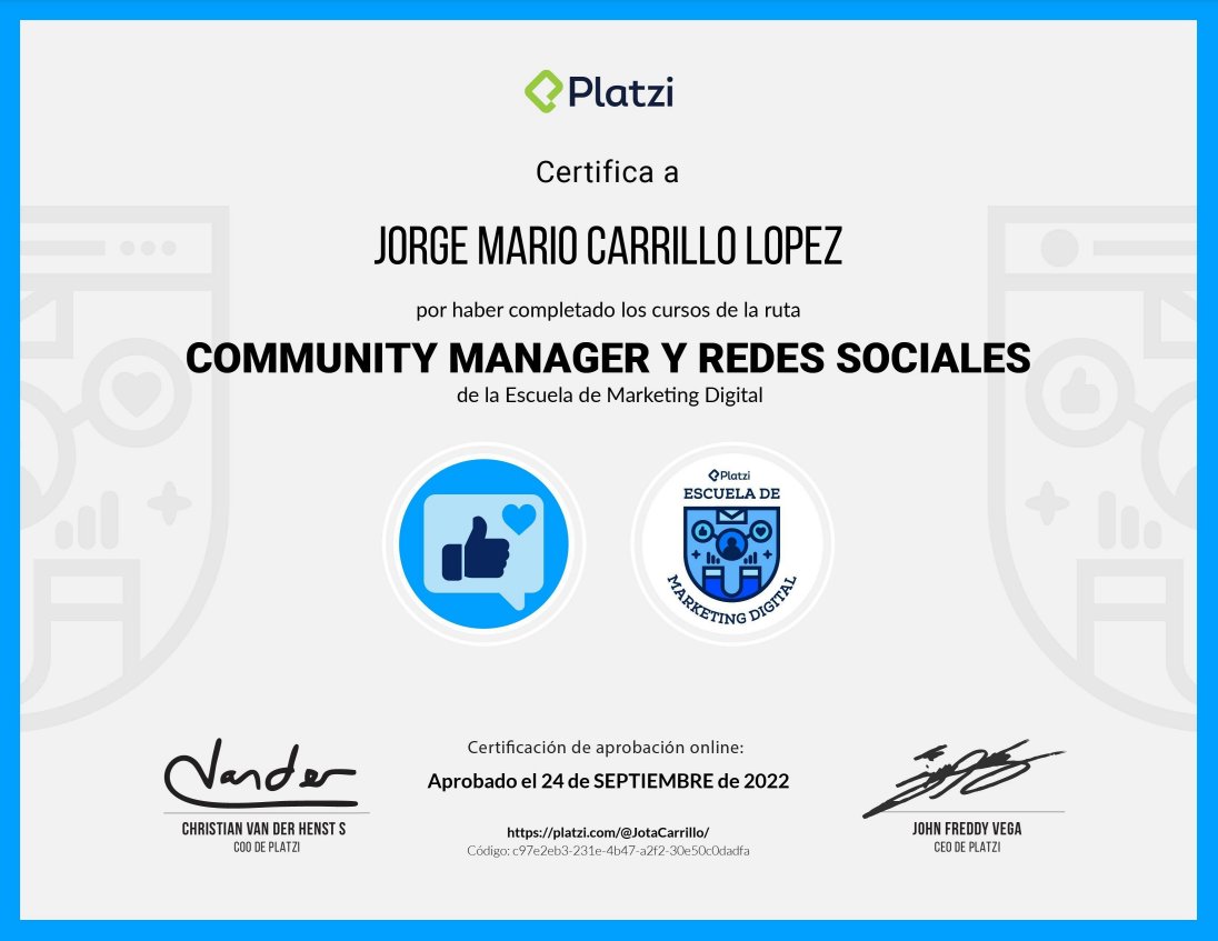 EL4400J's tweet photo. 1896: 🚀☝️😌SALUDOS PARA TODXS🚀
Con mucho gusto quiero compartirles esta importante noticia: Ruidoooooo! Ruidooooooo!
¡Aprobé la Carrera de Community Manager y Redes Sociales en @Platzi! Ya viene #PlatziConf! #2020Tweets https://t.co/R0QpzusWxp https://t.co/k7SnizvSjG