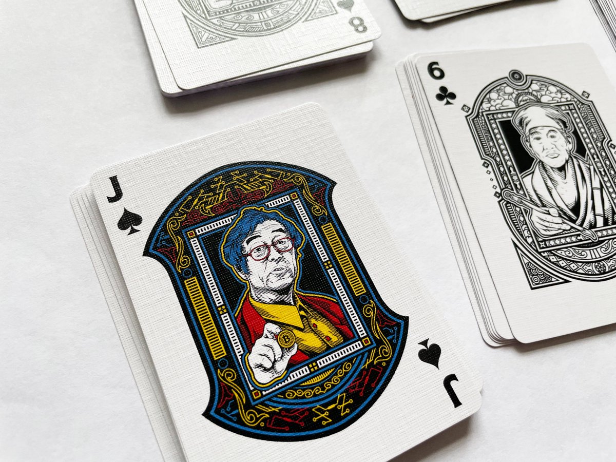 Here are a few photos of the new #Cardano Series Playing Cards featuring artwork from Series 1 &amp; 2. 

Sale begins today! 💥🚀

Ace - Charles Hoskinson <a href="/IOHK_Charles/">Charles Hoskinson</a> 
King - Gerolamo Cardano
Queen - #Ada Lovelace
Jack - Satoshi Nakamoto
Jokers - Minotaur

#CNFT #CardanoCommunity