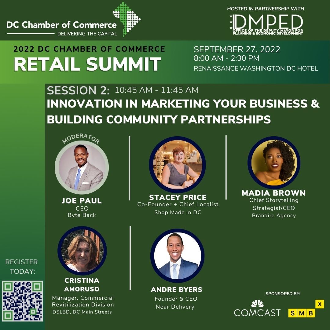 There are only a few days left to register for our 2022 Retail Summit: l.dcchamber.org/retail-summit.

The Innovation in #Marketing Your #Business &amp; Building Community Partnerships session will cover how retailers can optimize their brand and develop a complete
(1/3)