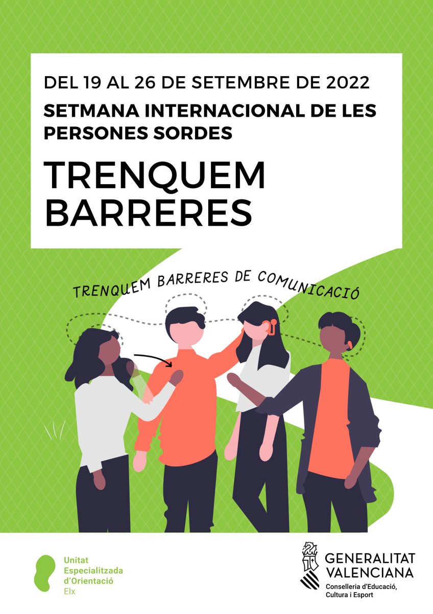 Hui, se celebra el día internacional de les persones sordes.  
Des de la UEO ELX acompanyem els centres educatius perquè entre totes i tots, construïm centres més inclusius i trenquem barreres de comunicació.