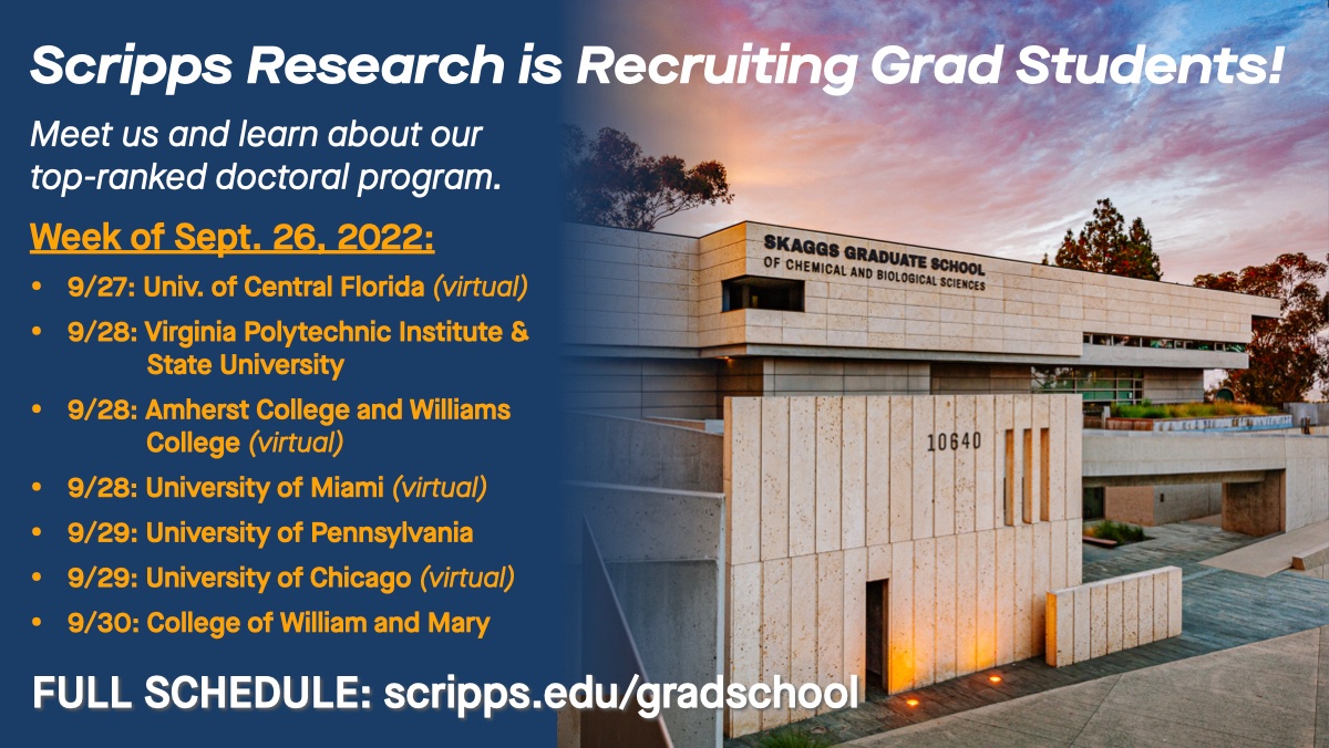 Scripps Research Graduate Program (@scrippsgradprgm) on Twitter photo Undergraduates looking toward graduate school in the chemical & biological sciences can meet <a href="/scrippsresearch/">Scripps Research</a> reps next week at the events listed below & at scripps.edu/gradschool. Meet us in-person at <a href="/virginia_tech/">Virginia Tech</a>, <a href="/Penn/">Penn</a>, <a href="/williamandmary/">William & Mary</a> or virtually at several others. Undergraduates looking toward graduate school in the chemical & biological sciences can meet <a href="/scrippsresearch/">Scripps Research</a> reps next week at the events listed below & at scripps.edu/gradschool. Meet us in-person at <a href="/virginia_tech/">Virginia Tech</a>, <a href="/Penn/">Penn</a>, <a href="/williamandmary/">William & Mary</a> or virtually at several others.