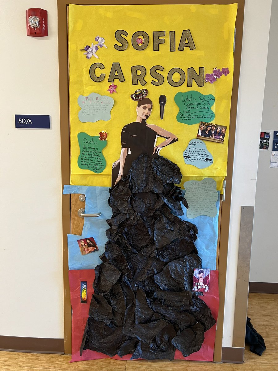 ScienceMissM's tweet image. To celebrate the Hispanic Heritage Month in my school, one of the activities is a door decoration contest. We selected a Hispanic-American, Sofia Carson and then my kids came up with this idea! I didn’t do anything, just them! #ambassadorteacher #chccs
