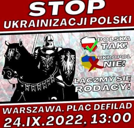 🇵🇱🇺🇦 Une manifestation contre l'ukrainisation de la Pologne était organisée à Varsovie aujourd'hui à 13:00 avec pour mot d'ordre : 
« La Pologne Oui, L'Ukropol Non »
Encore un évènement qui a du déplaire aux soutiens fervents de Zelensky dont l'UE et sa commissaire en chef.
