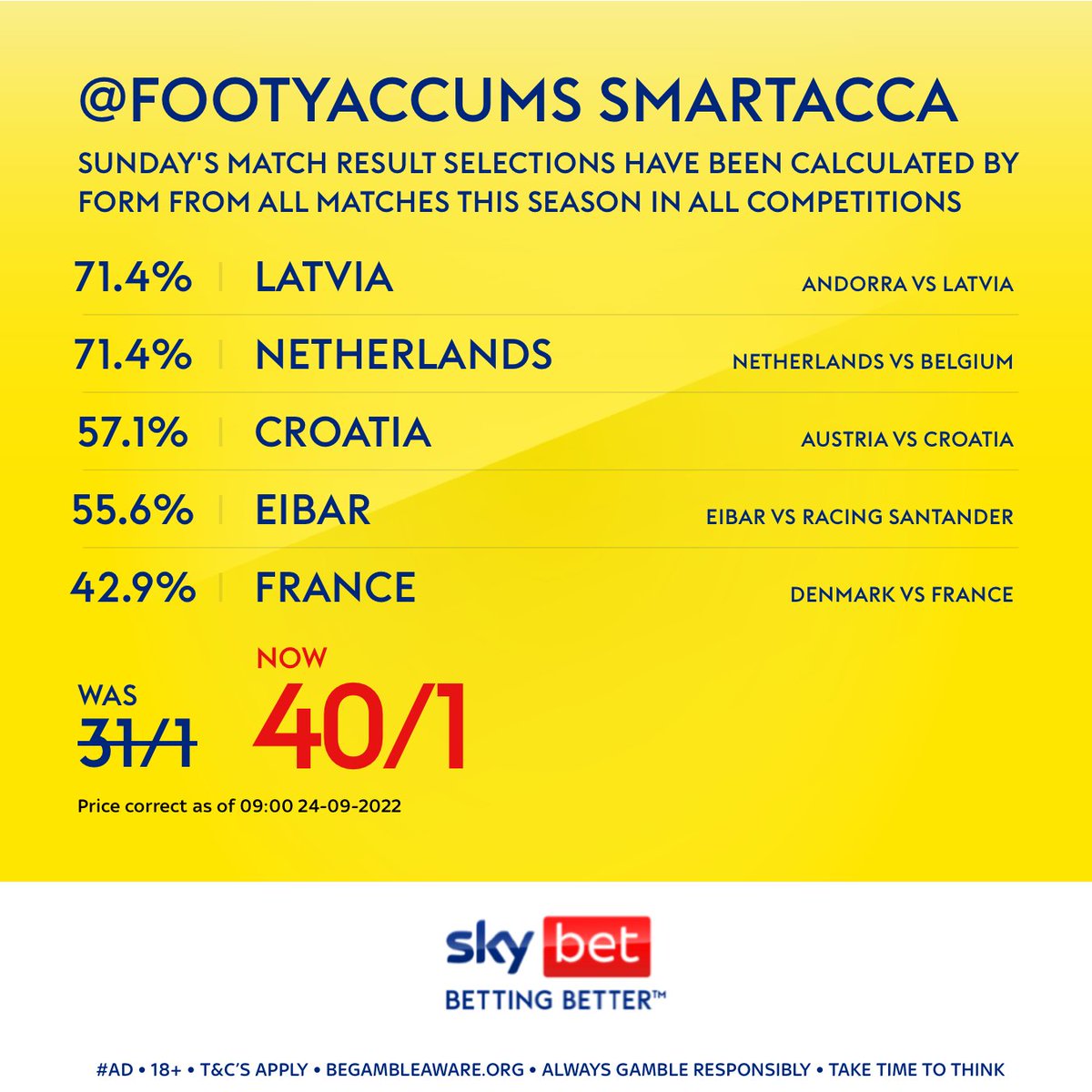 FootyAccums's tweet photo. ๐ฅ HERE IT IS, OUR SKYBET #SMARTACCA FOR TOMORROW!!
๐คฏ NOW 40/1.
Direct link can be found HERE >>> https://t.co/r1roLZwkTx
#Ad | 18+ | https://t.co/rGiIaLusaV | T&C's Apply https://t.co/lrEaWhMay2