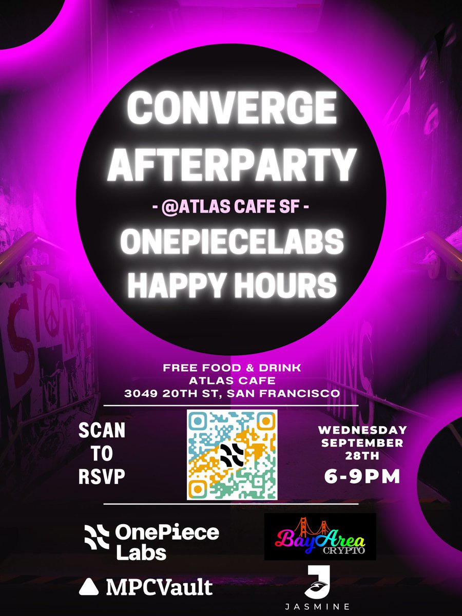 Join the best #web3 community at the 👉 #Converge After Party 🎉 Happy Hour Mixer at <a href="/atlasdaosf/">Atlas</a> 

📆 9/28th 🕔 6-9pm 📍Atlas Cafe 🍺 Treats/Open bar
 RSVP👇 lu.ma/OPLConverge22

<a href="/OnePieceLabs/">OnePiece Labs</a>
<a href="/mpcvault/">MPCVault | crypto banking for institutions</a>
<a href="/Jasmine_Energy/">Jasmine Energy (YC-S22)</a> 
<a href="/SFBayAreaCrypto/">Bay Area Crypto</a> 

#crypto
meetu.ps/e/LpJNr/ff6TF/i